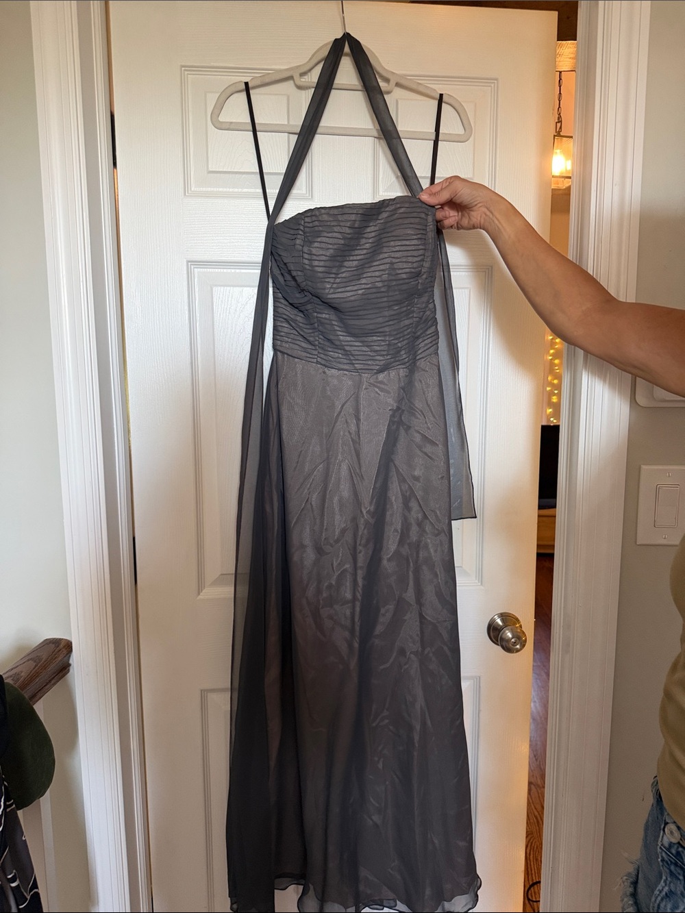 Strapless Gray Evening Dress with Sheer Halter Sash